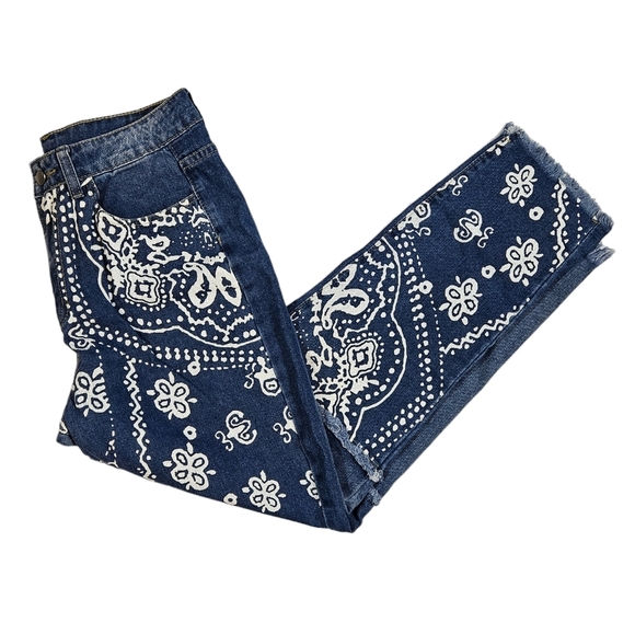 Paisley Print Patchwork Jeans Size Large Raw Hem Colorblock Denim Straight Leg - Picture 3 of 16